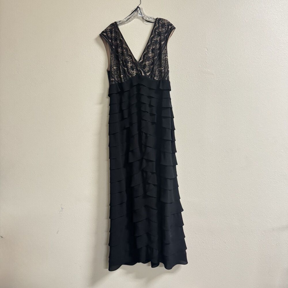 Adrianna Papell 16W Black Beige Embroidered Lace Tiered Maxi Evening Gown